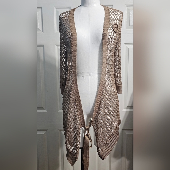NWT Bisou Bisou Crochet Gold Mesh Cardigan Medium - Picture 1 of 4